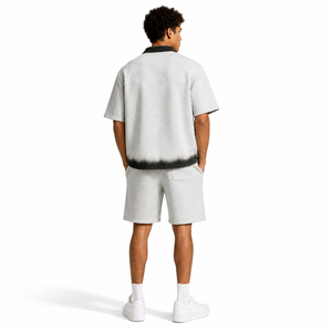 ONETEN APPARELS Polo en coton tricoté pour homme, manches courtes, fermeture éclair sur le devant, logo, décontracté, gris uni - Product Image 3