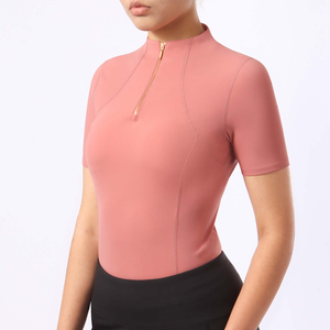 Women's Slim Fit Pink <b>Short</b> <b>Sleeve</b> Zipper Front <b>Base</b> <b>Layer</b> Top Solid Color Training Wear - Product Image 3