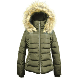 Abrigo de punto verde oliva para mujer, relleno de poliéster, con capucha de piel sintética, cierre de cremallera, manga larga, cálido, estilo casual para invierno - Product Image 1