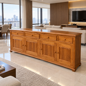 Buffet en bois massif avec 4 portes et 4 tiroirs, armoire de rangement traditionnelle pour salle à manger, usage domestique - Product Image 5