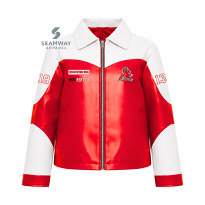 Delta | Sigma | Theta Women's PU Leather Racer <b>Jacket</b> Color Block Front Embroidered Zip-Up Biker Coat Casual Outerwear - Product Image 1