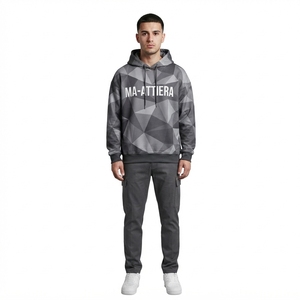 Sweat-shirt à capuche gris pour homme avec imprimé géométrique abstrait, poche kangourou, streetwear personnalisé - Product Image 1