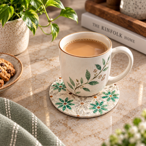 MDF Marble Mosaic <b>Coaster</b> Set of 3 with <b>Cork</b> Backing | Round Floral Drink Mats for Tea Coffee Cups Dining Table Home Decor Gift - Product Image 2