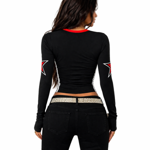Camiseta de Fútbol Americano Negra para Mujer, Corte Ajustado, Cuello en V Profundo, Manga Larga, Estampado de Número, Elástica, OEM, ODM, Venta al Por Mayor - Product Image 2