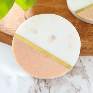 Luxury White and Pink <b>Marble</b> <b>Coaster</b> Round Natural Stone Drink <b>Coaster</b> with Metallic Gold Brass Inlay Strip - Product Image 1