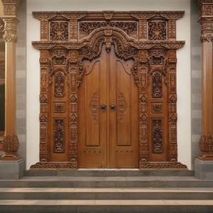 Porte d'entrée double en teck massif sculpté à la main, style traditionnel indonésien, porte principale personnalisée pour villa ou maison - Product Image 1