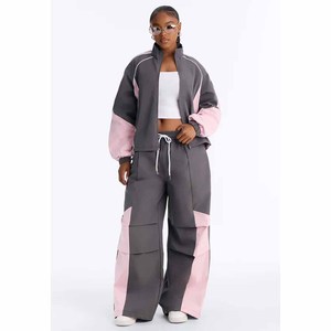 Conjunto Deportivo de Felpa para Mujer, Diseño Color Block, Chaqueta Larga y Pantalones Deportivos Holgados, Dos Piezas, Gris y Rosa - Product Image 4