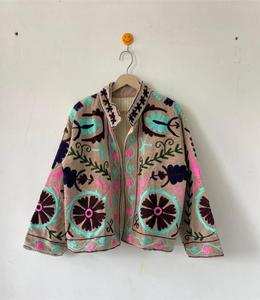 Vintage Beige <b>Velvet</b> Embroidered <b>Jacket</b> with Floral Pattern Full Sleeve Stand Collar Bohemian <b>Women's</b> Autumn Outerwear - Product Image 1