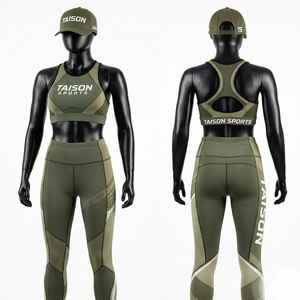 Premium 280 GSM <b>Nylon</b> Spandex <b>Legging</b> And Sports Bra Set Black Grey Contrast Panel Design Custom Sublimation Heat Transfer Logo - Product Image 6