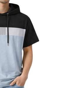 T-shirt à capuche à manches courtes pour homme, color block, en coton doux, noir, blanc, bleu clair, décontracté, streetwear d'été - Product Image 4