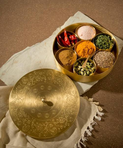 Pure Brass Masala Box <b>Engraved</b> Lid Spoon Brass Spice Box Spice Container Masala Dani Dabba Perfect For Gift Accessories - Product Image 1