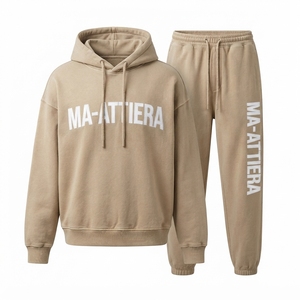 Ensemble survêtement streetwear en coton beige surdimensionné avec sweat à capuche et pantalon large – OEM ODM Vente en gros - Product Image 3
