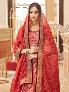 <b>Red</b> Embroidered Modern Floral Lehenga Choli Art <b>Silk</b> Evening Dress with Net Dupatta Natural Waistline Traditional Wedding Outfit - Product Image 2