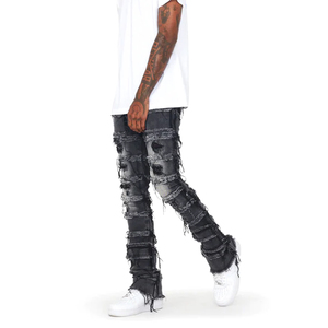 Pantalon évasé streetwear tendance, jean évasé déchiré et vieilli, jean skinny personnalisé pour homme, jean en denim patché, jean empilé pour homme - Product Image 4