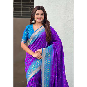 Elite Weaves <b>Purple</b> Soft Silk Zari Woven Patola <b>Saree</b> with Contrast Bandhani Weaves Elegant Evening Wear - Product Image 2