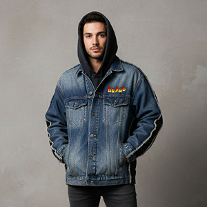 Artículo de moda: Chaqueta vaquera de diseño personalizado con lavado ácido para hombre, 100% algodón, lavado vintage con capucha, chaqueta cortavientos para hombre - Product Image 4