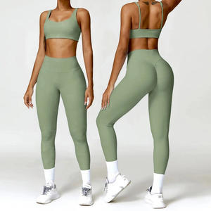 Ensemble de sport 2 pièces respirant et sans coutures pour femme : Legging taille haute et soutien-gorge de sport à taille élastique, couleur unie, pour fitness et yoga - Product Image 1