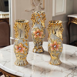Reliable Glam <b>Ceramic</b> Tabletop <b>Vases</b> Set Glazed Gold Floral Design 8-16 Inches Exquisite Durable Decor - Product Image 1