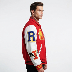 Veste universitaire d'hiver rouge et blanche pour homme, en laine, avec patchs brodés, style preppy, col rabattu, coupe classique, respirante - Product Image 3