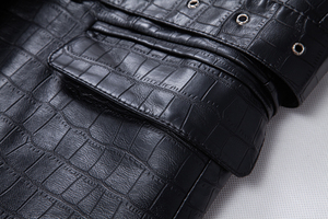 Men's Black Crocodile Embossed PU Leather Jacket With <b>Belt</b> Smart Casual <b>Slim</b> Fit Turn-down Collar Single Breasted - Product Image 4