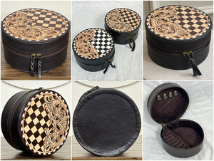 Boîte de rangement pour bijoux ronde en cuir de vache véritable artisanal à carreaux avec motif floral gravé, coffret à bijoux, cadeau pour femmes - Product Image 3