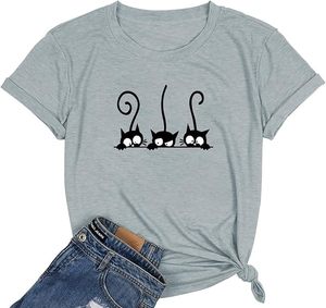 เสื้อยืดแขนสั้นพิมพ์ลายแมวสีม่วงผู้หญิงลำลองการ์ตูน O-Neck Regular Fit เสื้อยืดผ้าฝ้ายเจอร์ซีย์ - Product Image 3