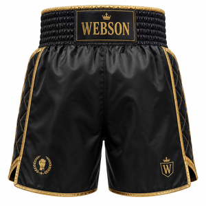 Shorts de boxe Webson noir et or avec logo brodé, vêtements de sport pour homme, coupe classique, respirant, 100% coton, séchage rapide, sans couture - Product Image 1