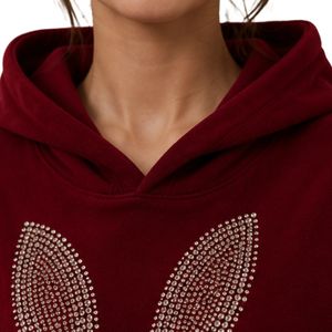 Sweat à capuche oversize pour femme en molleton de coton premium, motif lapin en strass bordeaux, décontracté, hiver, personnalisé - Product Image 5