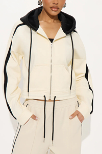 Women's two tone black ivory contrast zipper hoodie <b>pants</b> tracksuit set loose fit trouser black <b>line</b> piping tracksuit set - Product Image 5