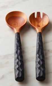 Ensemble de saladiers faits à la main en bois brun de qualité supérieure avec manche noir martelé, parfait pour la vaisselle et les repas. - Product Image 3