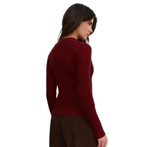 Cardigan zippé bordeaux pour femme, veste en maille à manches longues, ajustée, décontractée, col montant, personnalisable avec logo OEM - Product Image 2
