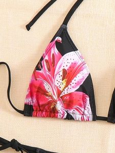 Conjunto de Bikini Triangular con Estampado Floral, Traje de Baño de Dos Piezas con Cuello Halter para Mujer - Product Image 4