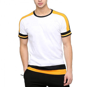 T-shirt en coton tricoté décontracté pour homme, col rond, coupe classique, manches raglan, blanc, 220g, avec design color block - Product Image 1