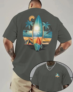 Men's Gray T-Shirt Short Sleeve O-Neck Digital Print Beach Surf Design Regular Fit 100% Cotton Jersey Breathable Casual Custom - Product Image 3