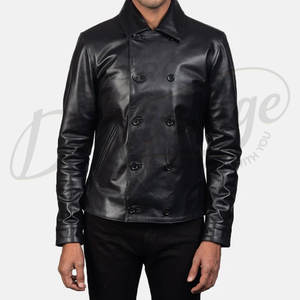 Veste en cuir noire pour homme, double boutonnage, coupe classique slim, style Pea Coat, en cuir véritable, manteau court décontracté - Product Image 1