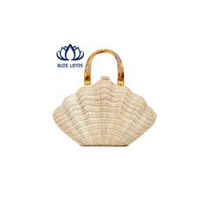 HIGH QUALITY Natural Rattan Bag | Vintage Handcrafted Eco Friendly Woven Beach Purse BLUE <b>LOTUS</b> Women's Zipper Closure <b>Pearl</b> - Product Image 1