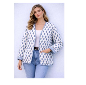 Vintage Style Quilted Jacket Blue Hand Block Print Kimono Coat Blue Floral Quilted Jacket Lightweight Cotton <b>Layer</b> - Product Image 1