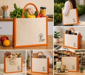 Bolsa de Compras de Yute Grande con Ribete Naranja, Logotipo Think Green Act Green, Bolsa Ecológica para Supermercado con Asa para Llevar en la Mano - Product Image 6