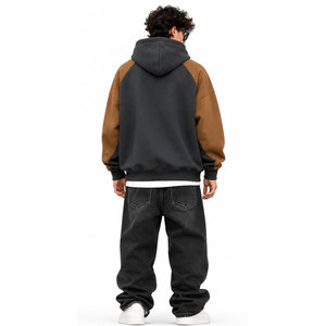 Sweat-shirt à capuche pour homme, manches raglan, en molleton de coton, décontracté, pour l'automne, noir et marron, avec blocs de couleur, imprimé lettres, logo frontal - Product Image 4