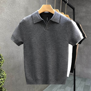 เสื้อเชิ้ตแขนสั้นผู้ชายสำหรับฤดูร้อน ผ้าถักขนสัตว์/แคชเมียร์ ดีไซน์ขอบเสื้อแบบพู่  รักษ์โลก สไตล์ลำลอง พิมพ์ลายด้านหน้า คอเสื้อแบบกรรไกร ป้องกันการยับ - Product Image 5