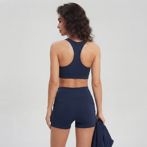 Wholesale Women's Yoga 3 Piece Shorts Set Ladies <b>Workout</b> Wear Racerback Bra Turn Down Collar <b>Jacket</b> Shorts 3 Piece Gym Set Women - Product Image 4