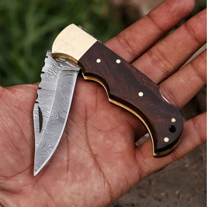 Couteau de poche artisanal LEGACY BLADES en acier Damas, manche en bois, lame à pointe tombante, pour la chasse, la survie en extérieur, pliable, OEM, industriel - Product Image 4