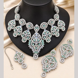 JeweleMarket Women's Silver Plated Crystal Rhinestone <b>Indian</b> Traditional Bridal Jewelry <b>Set</b> <b>Necklace</b> Maang Tikka Wedding - Product Image 5