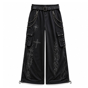 Pantalon cargo gothique taille haute brodé motif croix coupe ample style automne pour homme pantalon noir à jambe large - Product Image 2