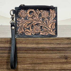 Porte-cartes de crédit élégant en cuir véritable fait main avec motif floral et fermeture éclair, mini pochette à monnaie unisexe 2026 - Product Image 4