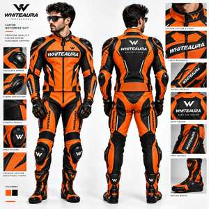 Combinaison de moto en cuir coupe-vent à manches longues pour homme WHITEAURA, orange et noir, respirante, toutes saisons, avec logo imprimé sur le devant - Product Image 5