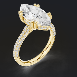 Anillo de compromiso y aniversario de lujo con diamante cultivado en laboratorio con corte marquesa, certificado IGI, E VVS2, oro macizo, halo oculto y doble punta. - Product Image 1