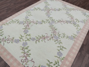 Alfombra de Lana Estilo Aubusson Francés, Color Rosa, con Borde a Cuadros, Tejida a Mano, con Diseño Floral, para Sala de Estar, Cuarto de Niños o Dormitorio - Product Image 2