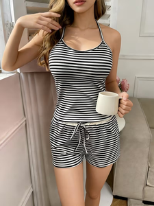 Women's Spring Summer Elegant Sexy Soft Comfortable Slim Striped Neck Tie Shorts Side Slit Backless Strapless Loungewear Jersey - Product Image 2