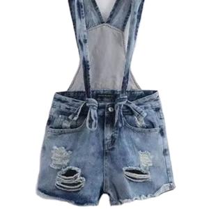 Denim High Quality <b>Short</b> <b>Dungaree</b> <b>for</b> <b>Women</b> Light Wash Distressed Vintage Effortless Style Bib Overall Button Printed Trendy - Product Image 1